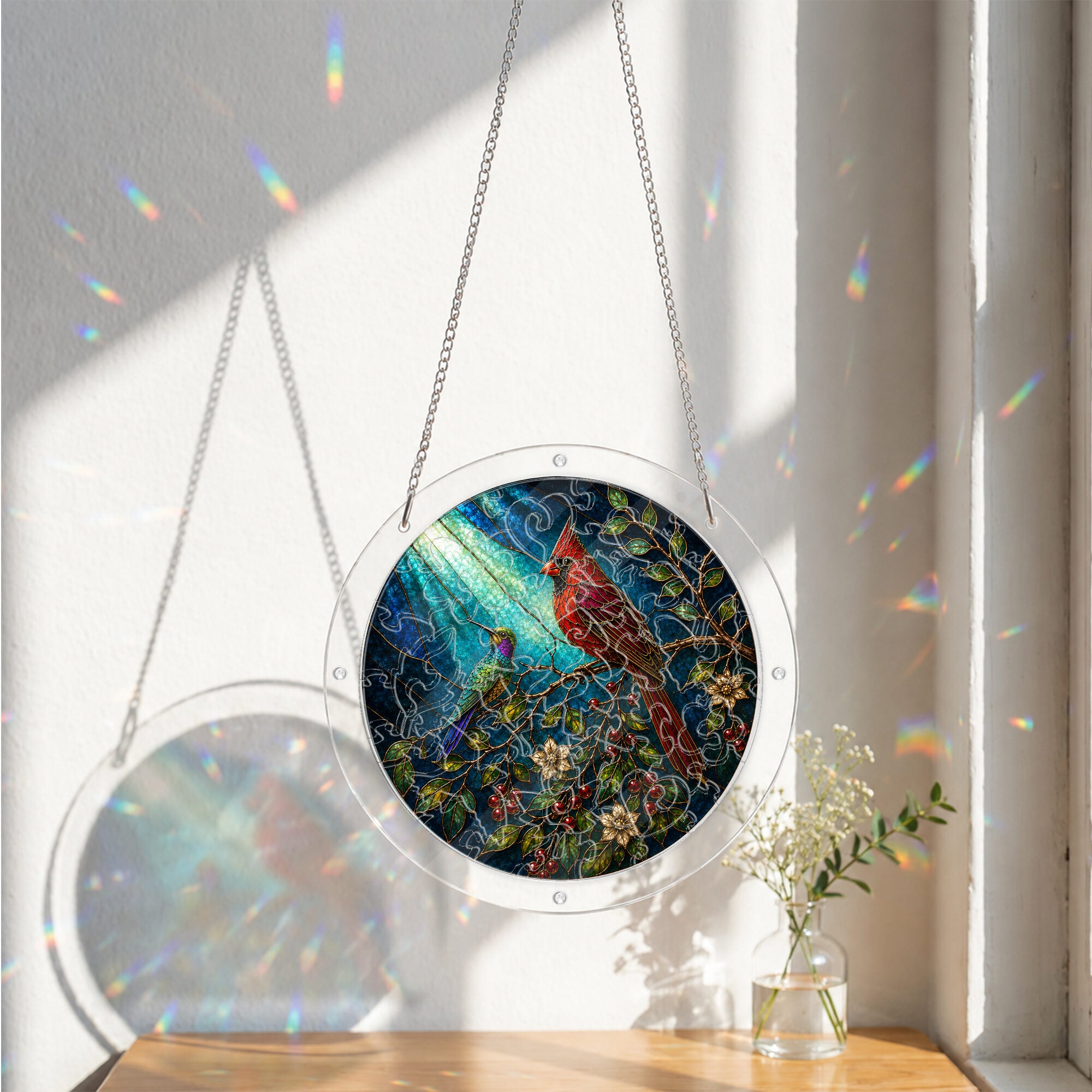 Cardinal on a branch acrylic puzzle suncatcher, colorful DIY window decor