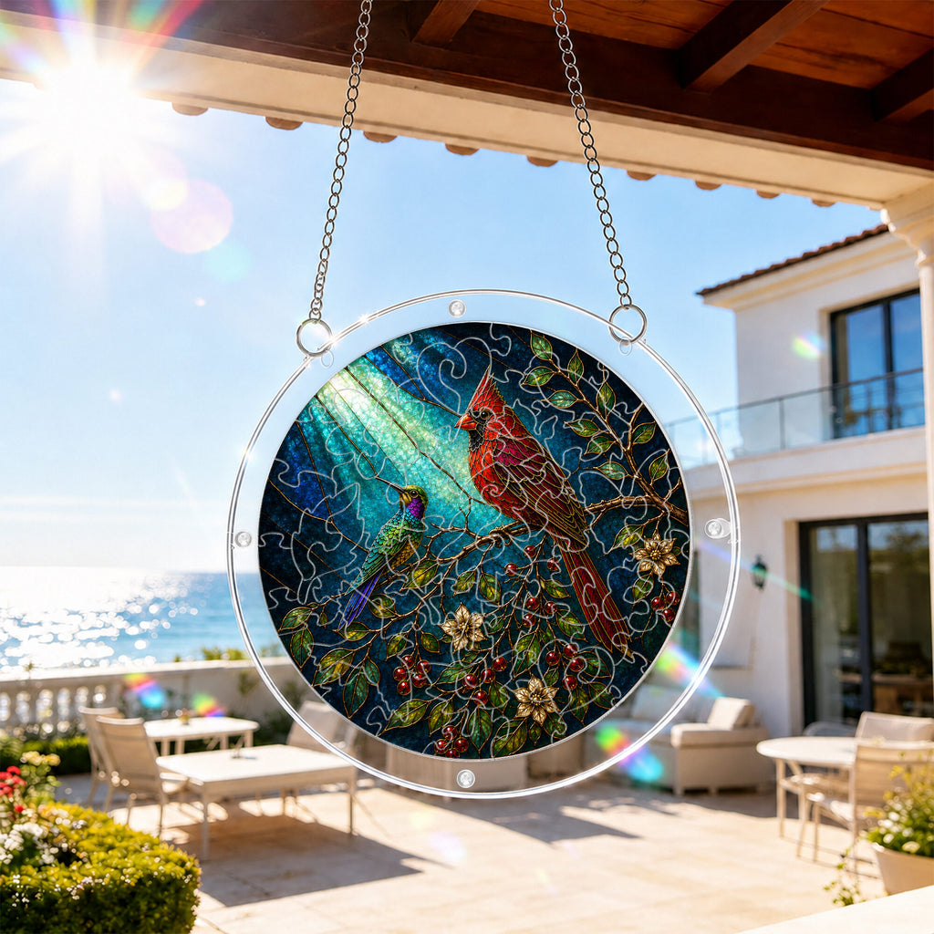 Cardinal on a branch acrylic puzzle suncatcher, colorful DIY window decor