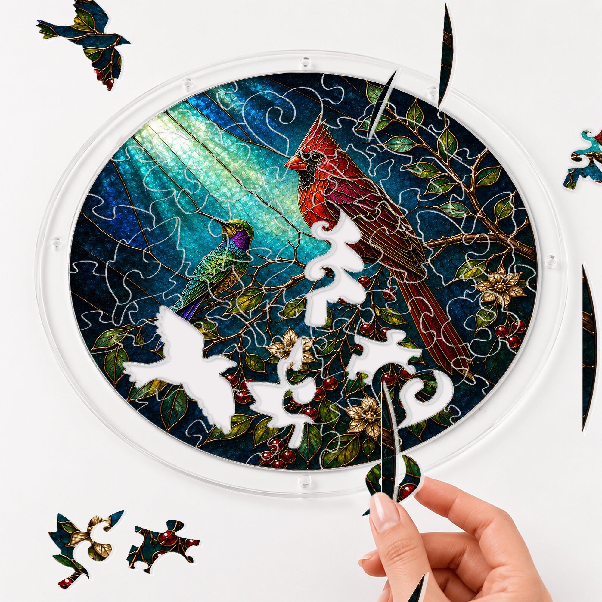 Cardinal on a branch acrylic puzzle suncatcher, colorful DIY window decor