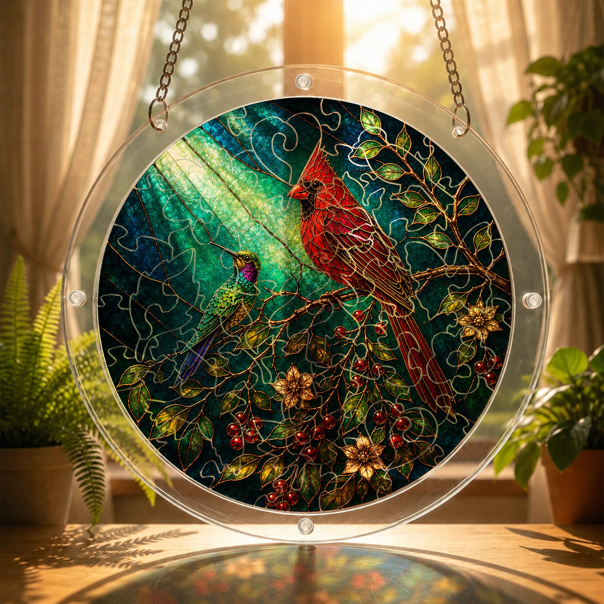 Cardinal on a branch acrylic puzzle suncatcher, colorful DIY window decor