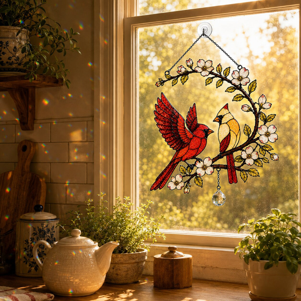 Cardinal Couple Dogwood Blossom Arch Holographic Acrylic Suncatcher