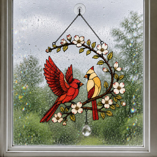 Cardinal Couple Dogwood Blossom Arch Holographic Acrylic Suncatcher