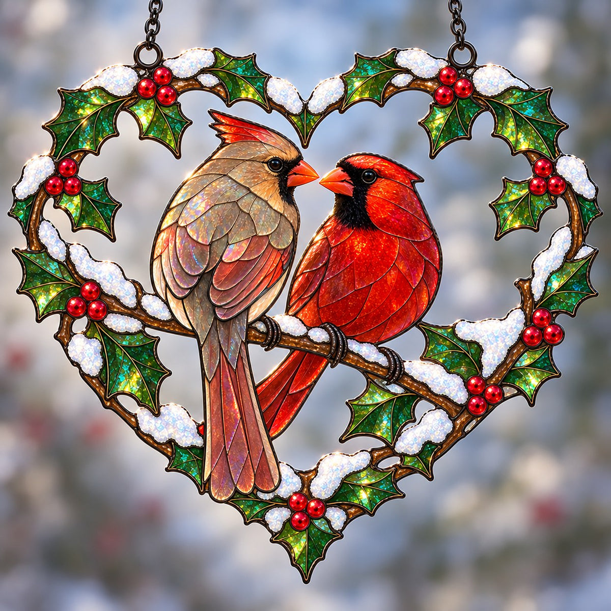 Cardinal Couple Holly Heart Holographic Acrylic Suncatcher