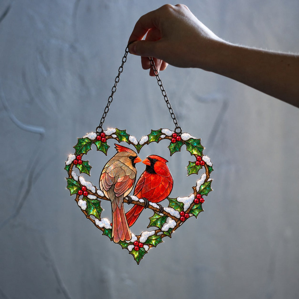 Cardinal Couple Holly Heart Holographic Acrylic Suncatcher