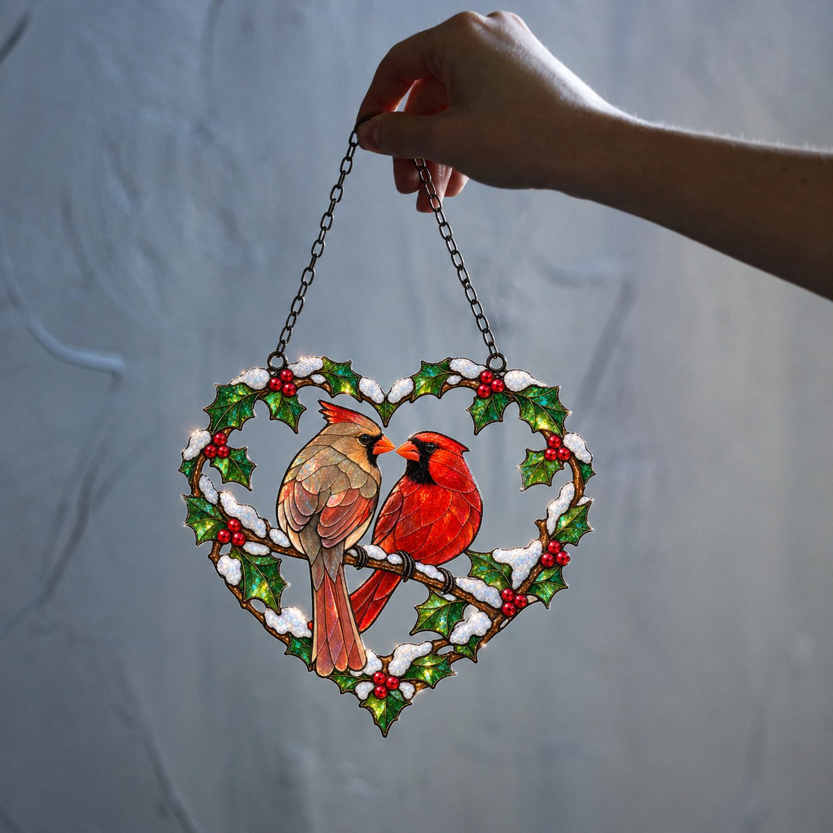 Cardinal Couple Holly Heart Holographic Acrylic Suncatcher