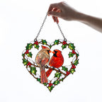 Cardinal Couple Holly Heart Holographic Acrylic Suncatcher