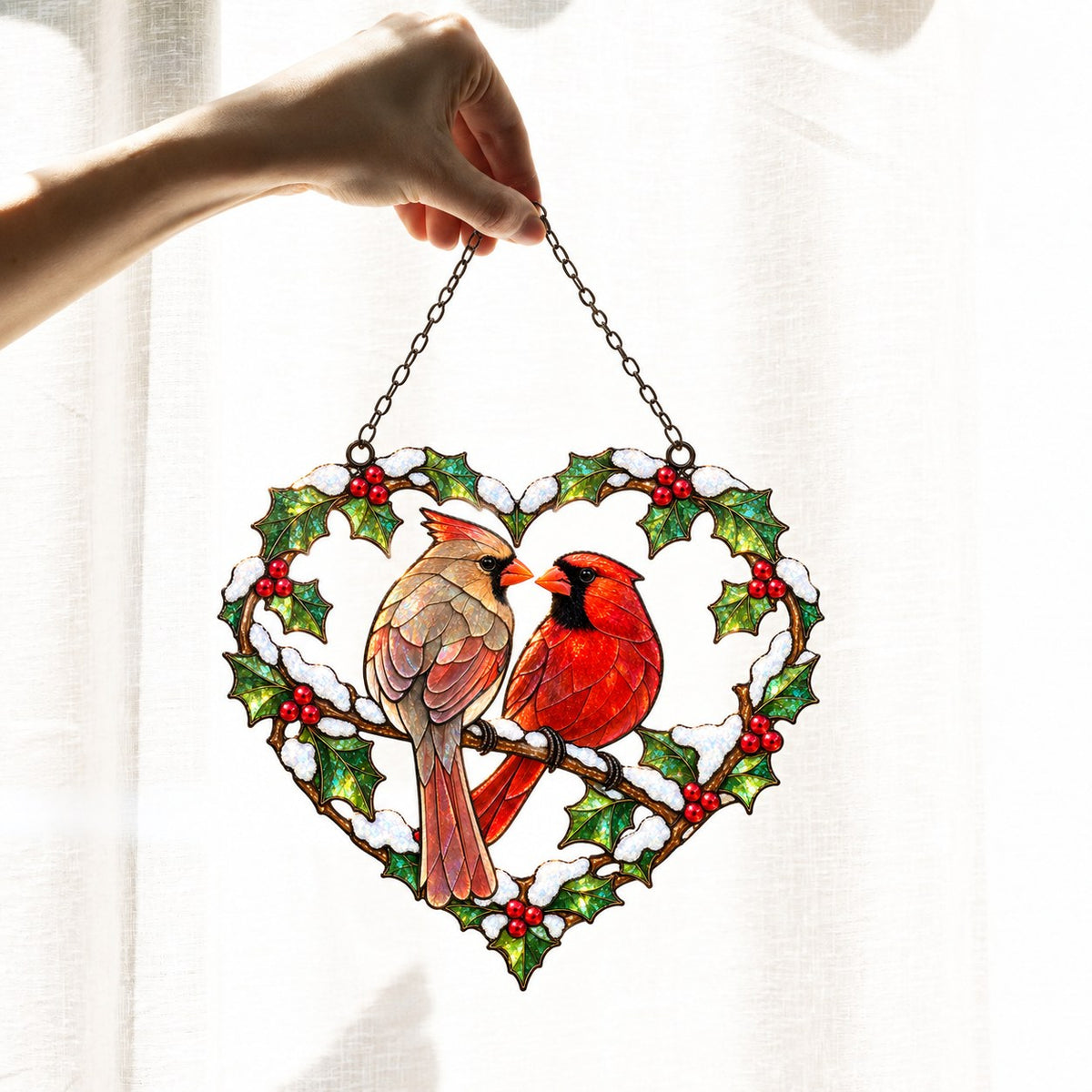 Cardinal Couple Holly Heart Holographic Acrylic Suncatcher