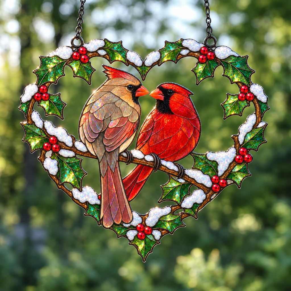 Cardinal Couple Holly Heart Holographic Acrylic Suncatcher