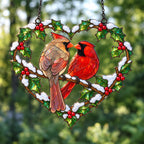 Cardinal Couple Holly Heart Holographic Acrylic Suncatcher