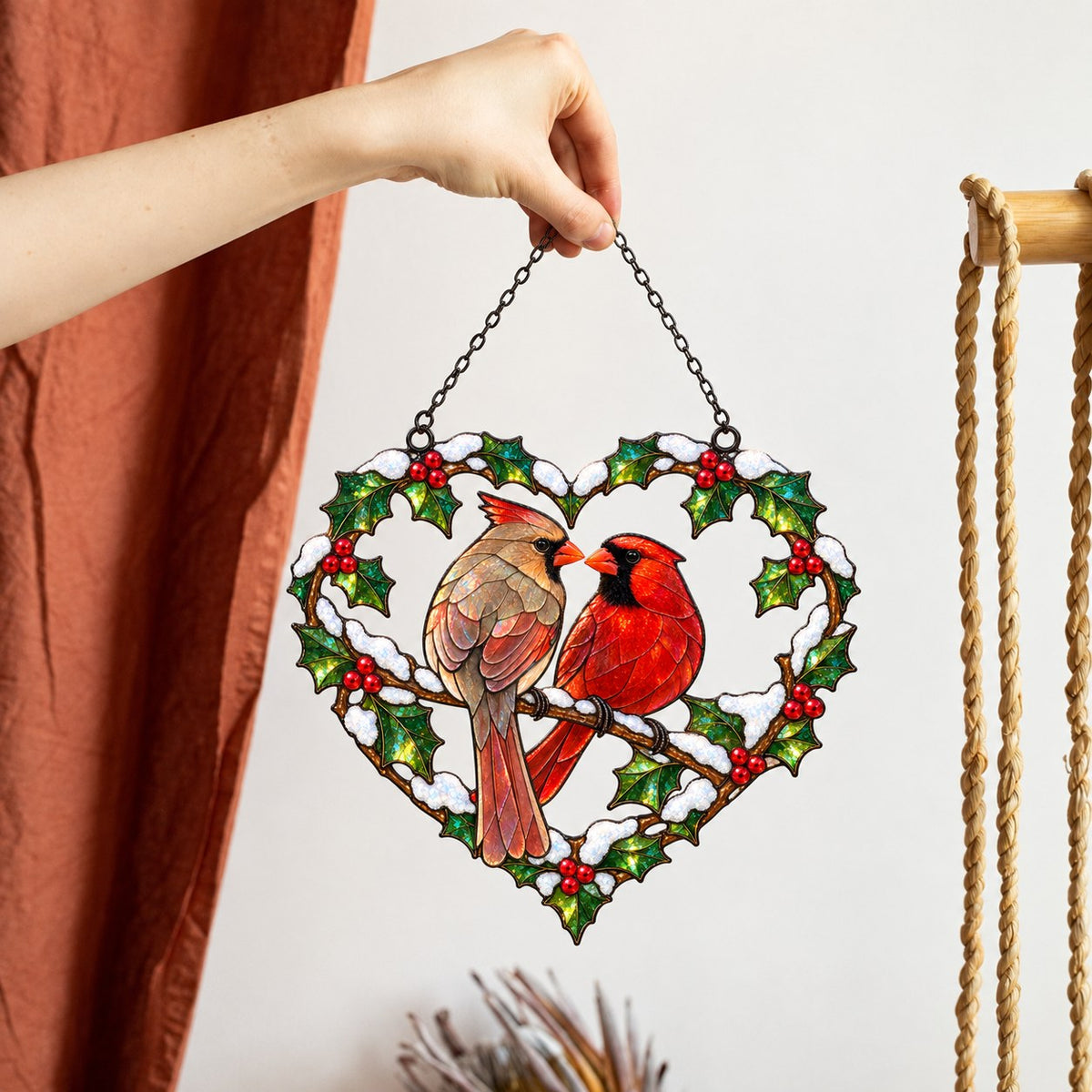Cardinal Couple Holly Heart Holographic Acrylic Suncatcher