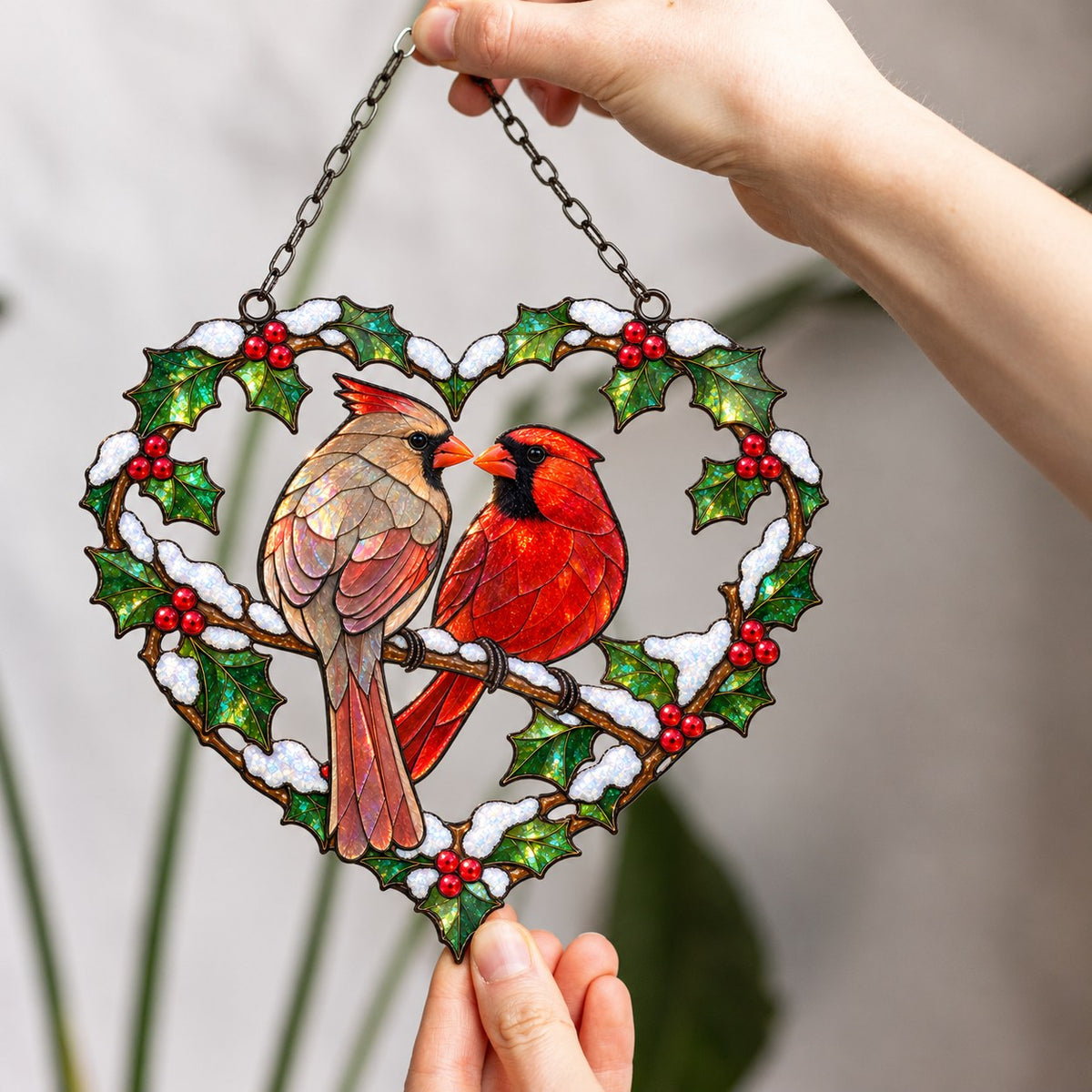 Cardinal Couple Holly Heart Holographic Acrylic Suncatcher