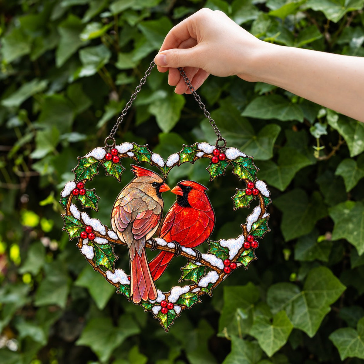 Cardinal Couple Holly Heart Holographic Acrylic Suncatcher