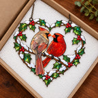 Cardinal Couple Holly Heart Holographic Acrylic Suncatcher
