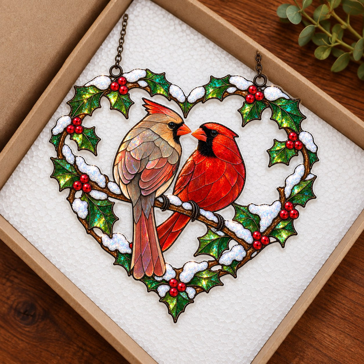 Cardinal Couple Holly Heart Holographic Acrylic Suncatcher