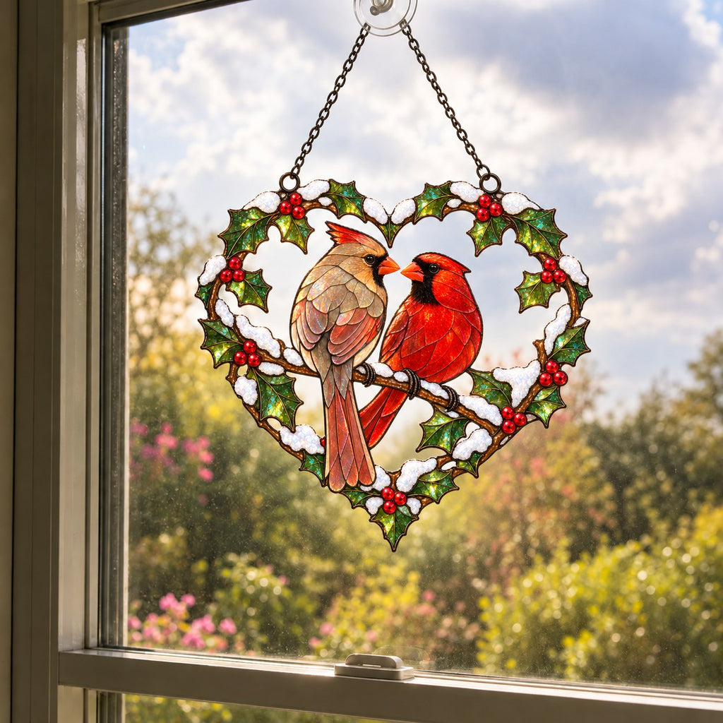 Cardinal Couple Holly Heart Holographic Acrylic Suncatcher
