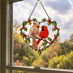 Cardinal Couple Holly Heart Holographic Acrylic Suncatcher