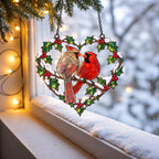 Cardinal Couple Holly Heart Holographic Acrylic Suncatcher