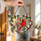 Cardinal Couple Holly Heart Holographic Acrylic Suncatcher