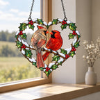 Cardinal Couple Holly Heart Holographic Acrylic Suncatcher