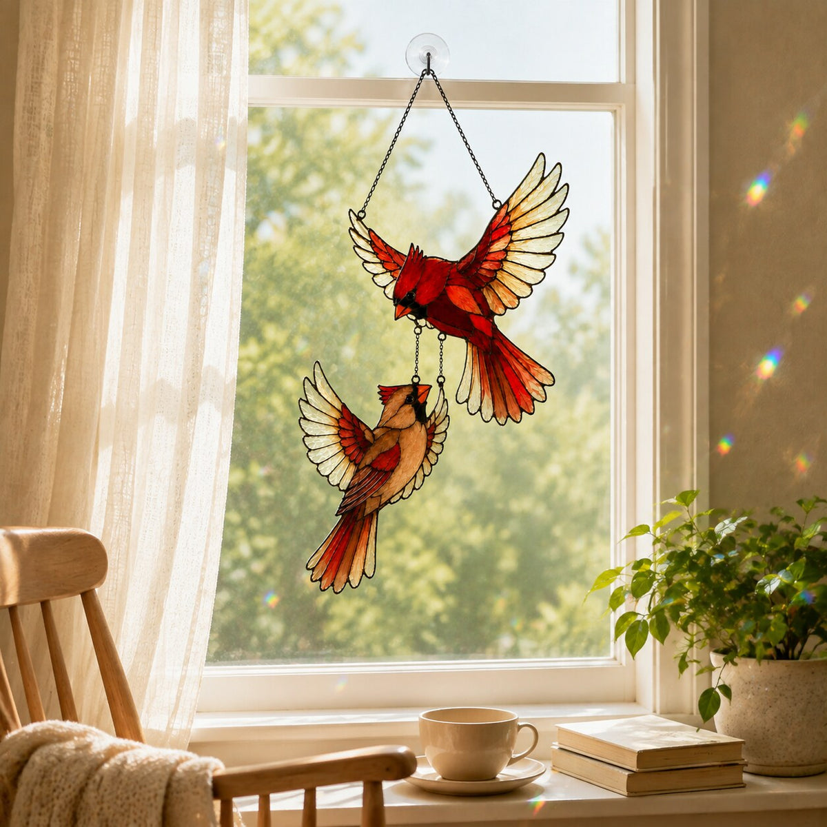 Cardinal Couple in Flight Holographic Acrylic Suncatcher