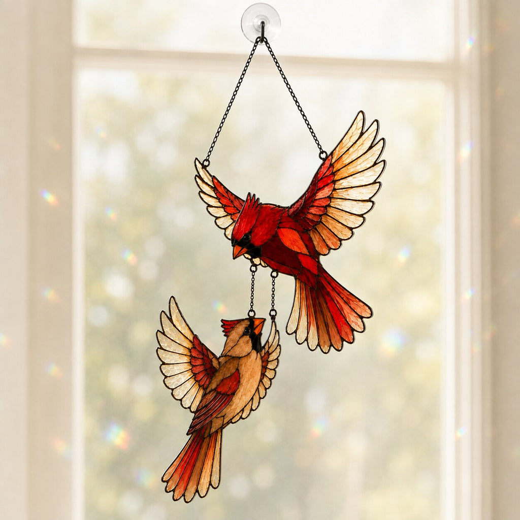 Cardinal Couple in Flight Holographic Acrylic Suncatcher