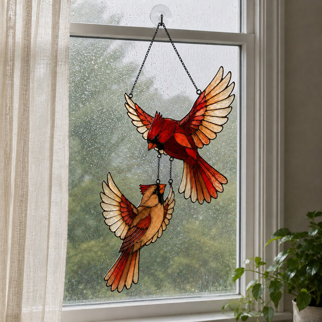 Cardinal Couple in Flight Holographic Acrylic Suncatcher