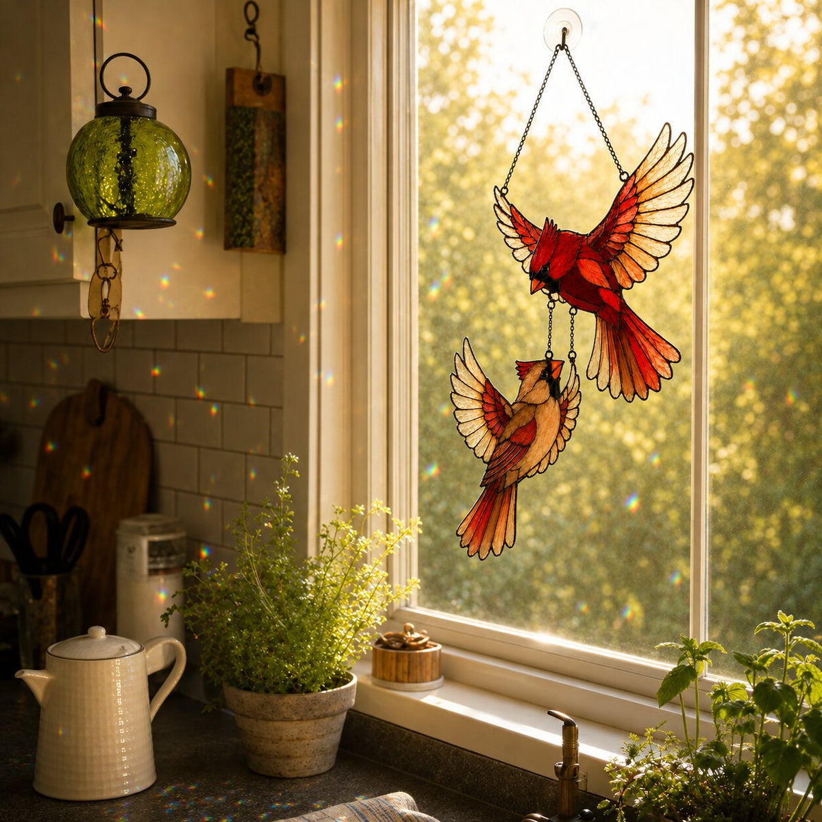 Cardinal Couple in Flight Holographic Acrylic Suncatcher