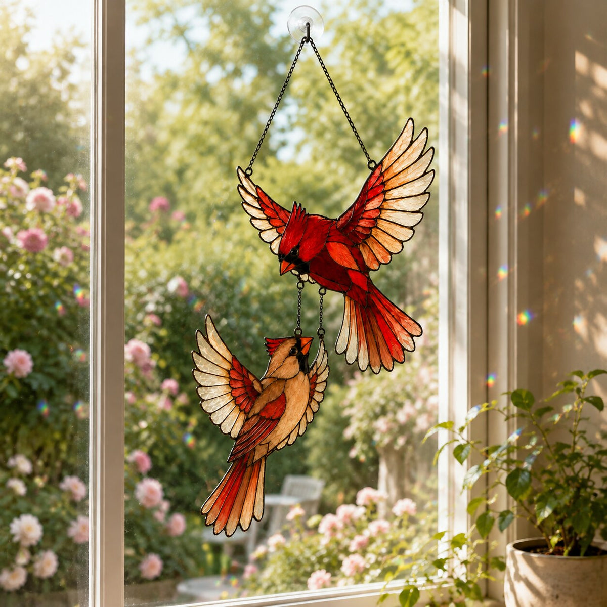 Cardinal Couple in Flight Holographic Acrylic Suncatcher