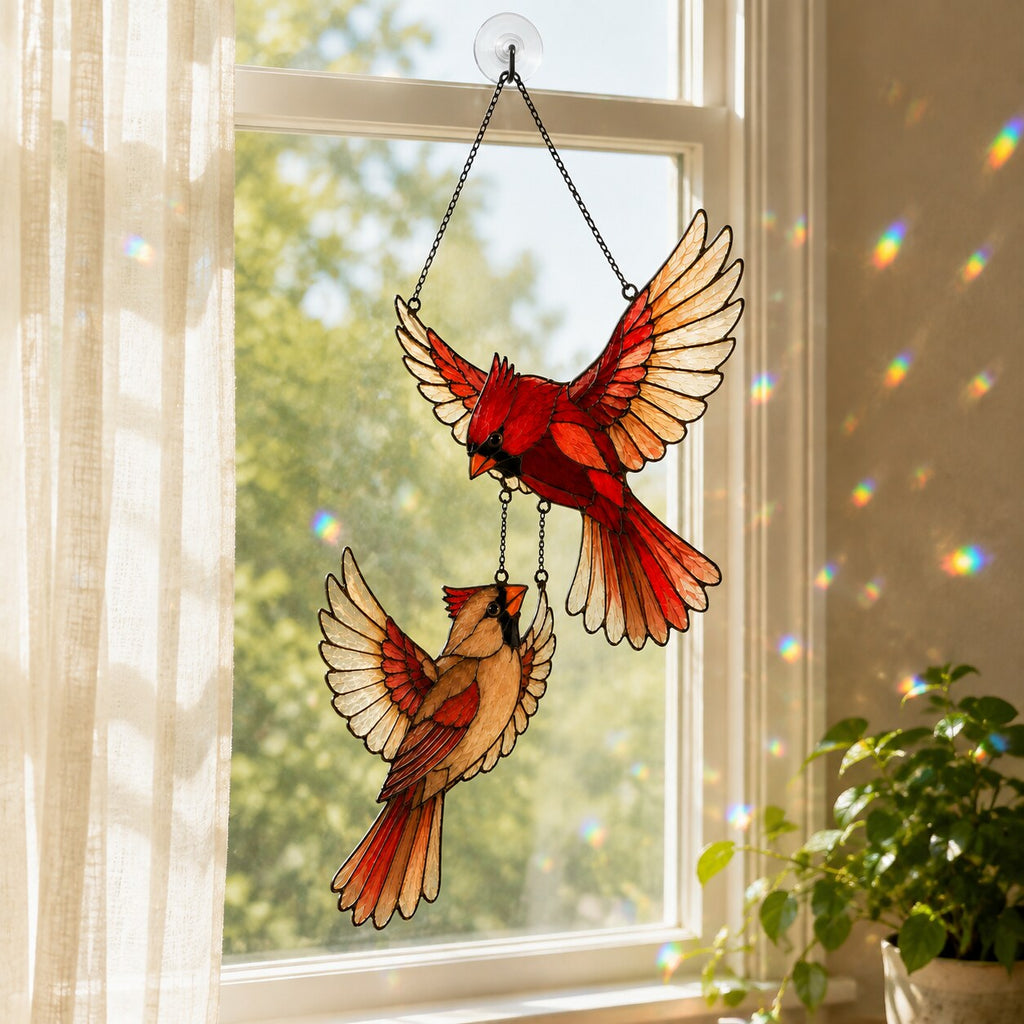 Cardinal Couple in Flight Holographic Acrylic Suncatcher