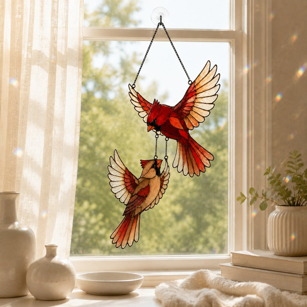 Cardinal Couple in Flight Holographic Acrylic Suncatcher