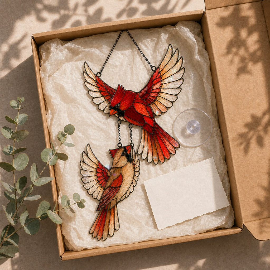 Cardinal Couple in Flight Holographic Acrylic Suncatcher