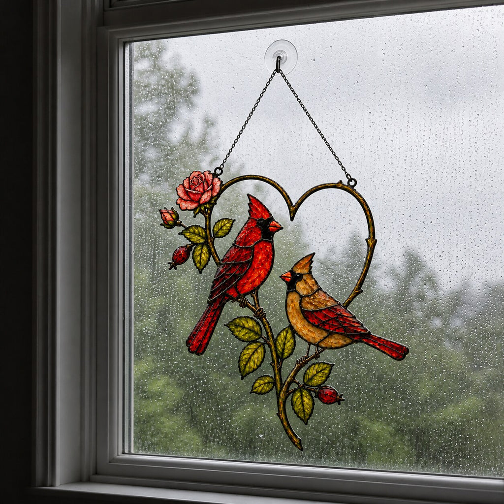 Cardinal Couple Rose Heart Holographic Acrylic Suncatcher
