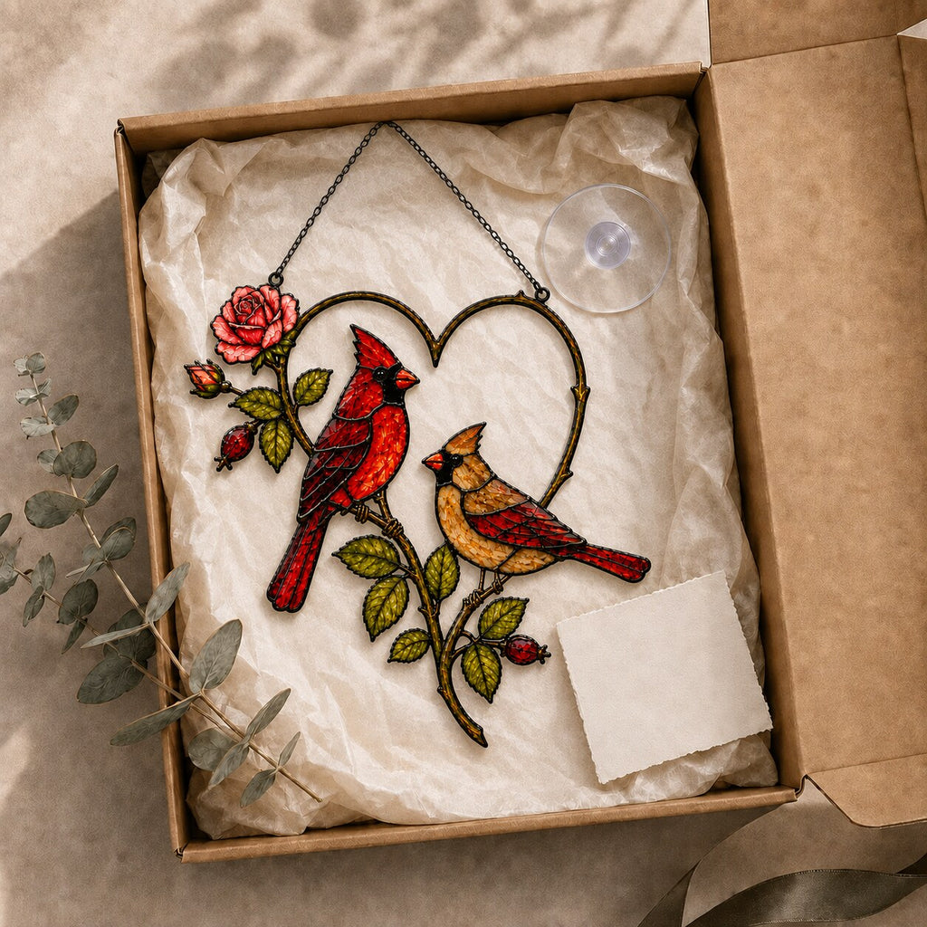 Cardinal Couple Rose Heart Holographic Acrylic Suncatcher