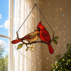 Cardinal Couple White Blossom Branch Holographic Acrylic Suncatcher