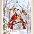 Cardinal Couple on Winter Berry Branch Holographic Acrylic Suncatcher