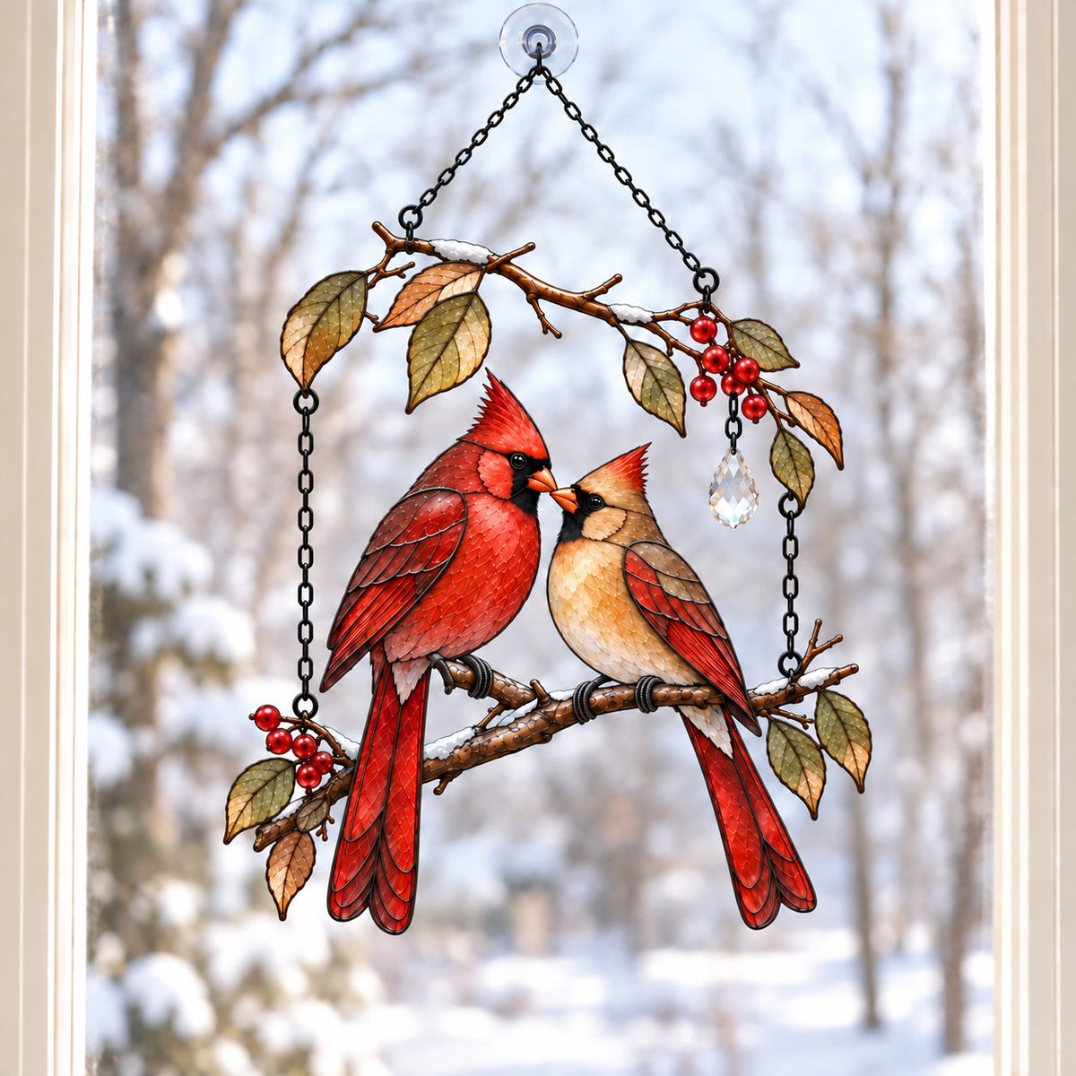Cardinal Couple on Winter Berry Branch Holographic Acrylic Suncatcher