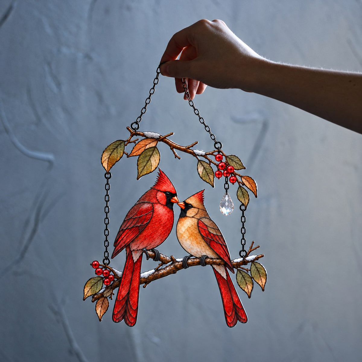 Cardinal Couple on Winter Berry Branch Holographic Acrylic Suncatcher