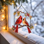 Cardinal Couple on Winter Berry Branch Holographic Acrylic Suncatcher