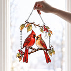 Cardinal Couple on Winter Berry Branch Holographic Acrylic Suncatcher