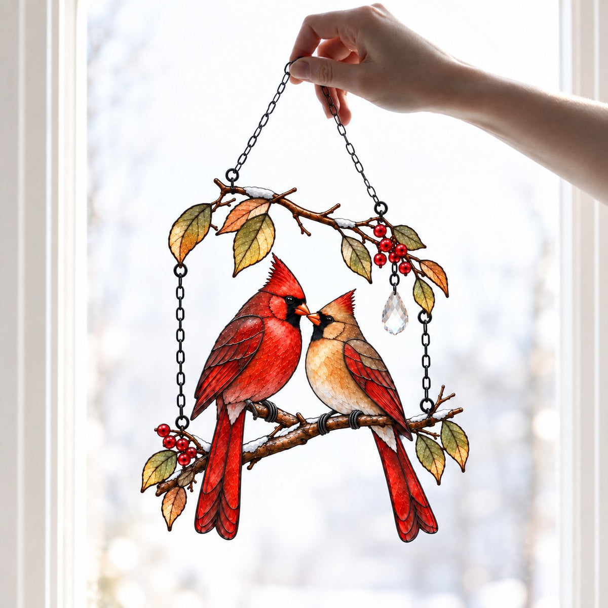 Cardinal Couple on Winter Berry Branch Holographic Acrylic Suncatcher