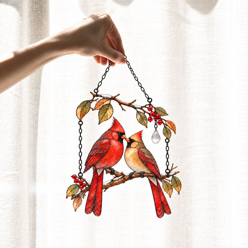 Cardinal Couple on Winter Berry Branch Holographic Acrylic Suncatcher