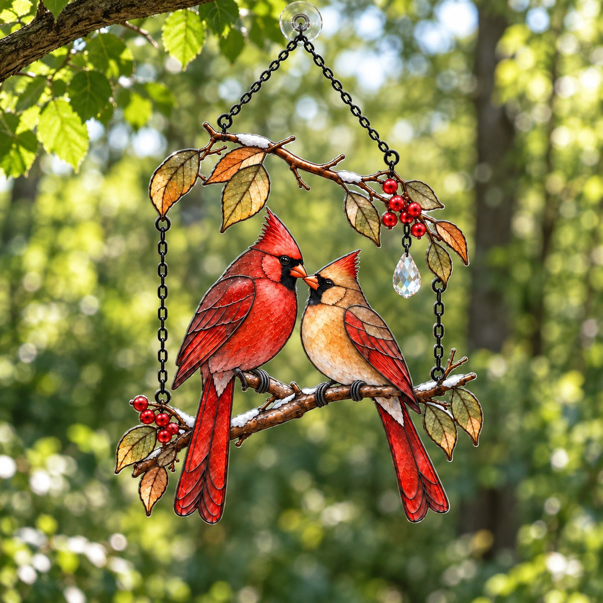 Cardinal Couple on Winter Berry Branch Holographic Acrylic Suncatcher