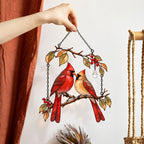 Cardinal Couple on Winter Berry Branch Holographic Acrylic Suncatcher