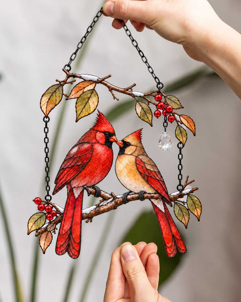 Cardinal Couple on Winter Berry Branch Holographic Acrylic Suncatcher