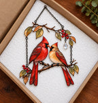 Cardinal Couple on Winter Berry Branch Holographic Acrylic Suncatcher