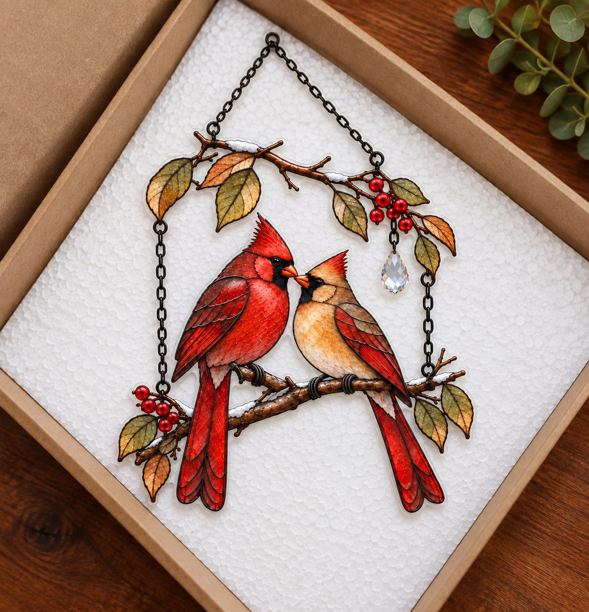Cardinal Couple on Winter Berry Branch Holographic Acrylic Suncatcher
