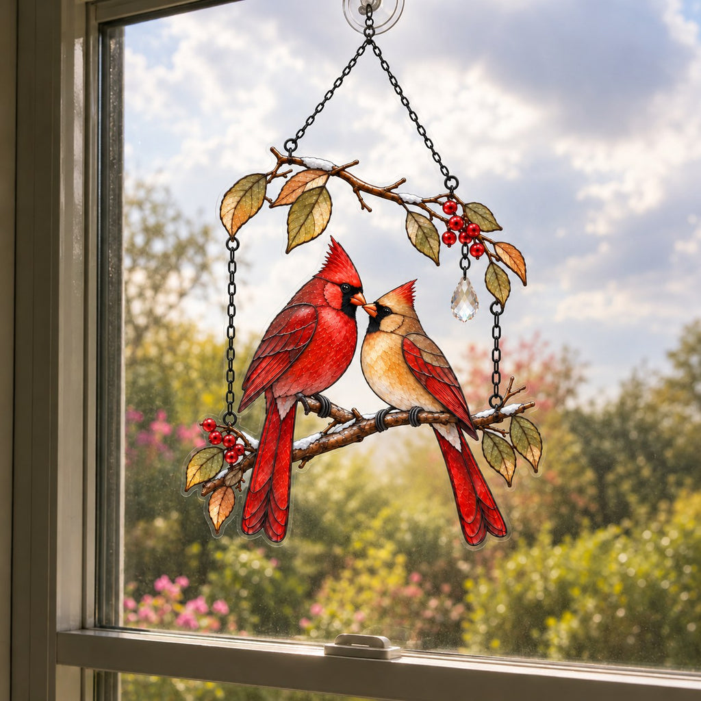 Cardinal Couple on Winter Berry Branch Holographic Acrylic Suncatcher