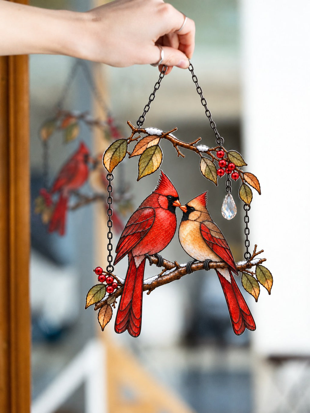 Cardinal Couple on Winter Berry Branch Holographic Acrylic Suncatcher
