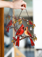 Cardinal Couple on Winter Berry Branch Holographic Acrylic Suncatcher