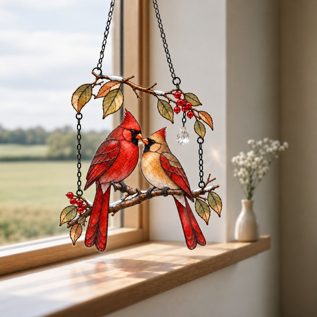 Cardinal Couple on Winter Berry Branch Holographic Acrylic Suncatcher